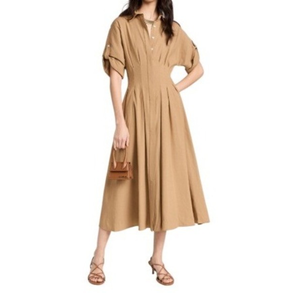 Veronica Beard Dresses & Skirts - Veronica Beard Shirt Dress 10 Tan Midi Linen Blend Stretch Modest Work Elegant